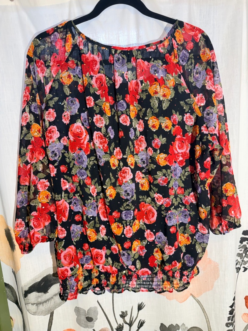 Cathy Daniels Black Floral Scoop-Neck Blouse with Red & Pink Roses - Picture 5 of 8